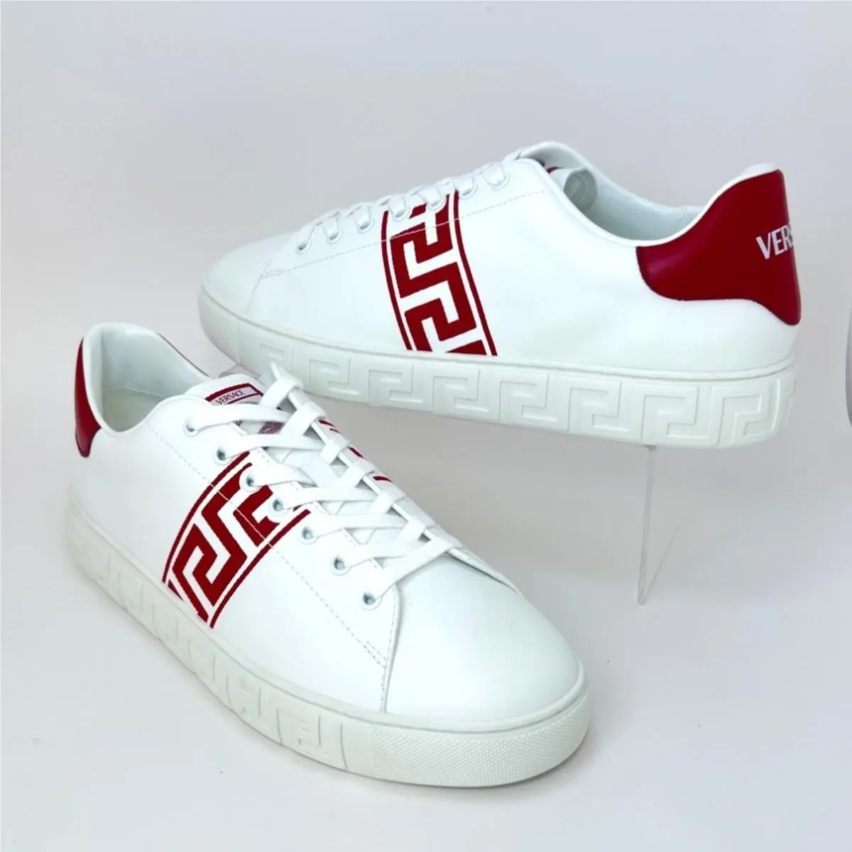 Versace La Greca Embroidered Sneakers White Red Leather Men Size IT 43