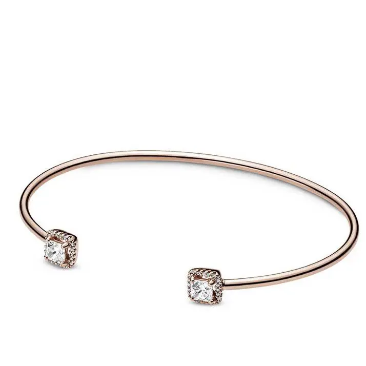 Pandora Square Sparkle Open Bangle Bracelet 14k Rose Gold Blend 588508C01 7.5”