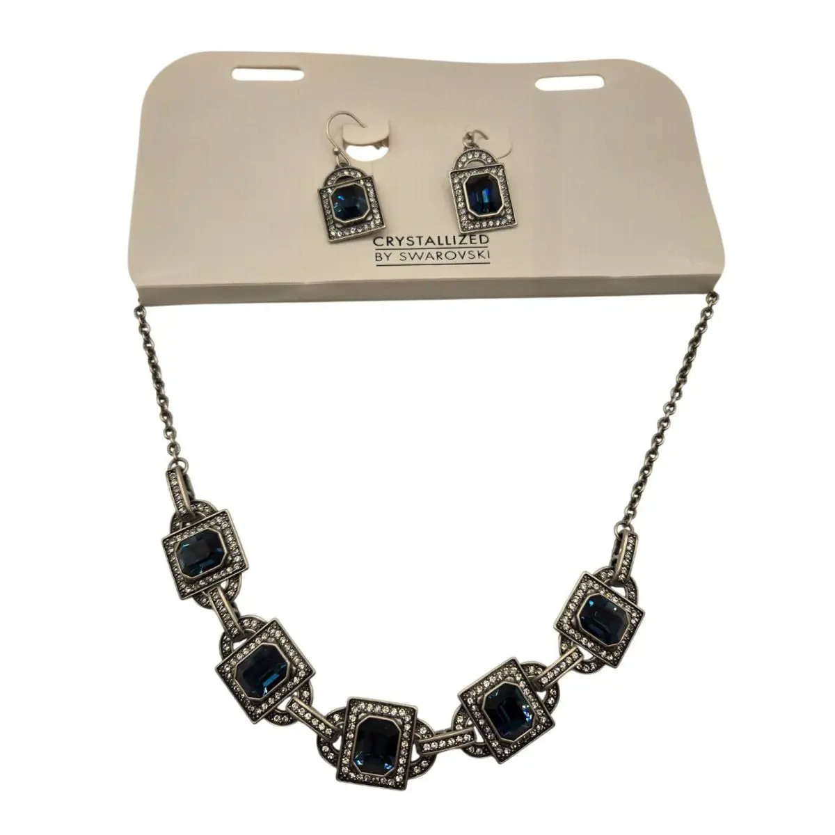 Swarovski Crystalized Necklace Earrings Set Blue Gemstones In Silver Tone