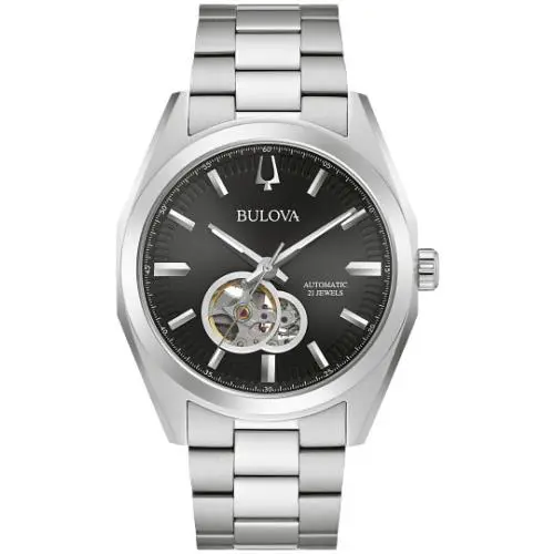 Bulova 96A270 Surveyor Automatic 21 Jewels Black Dial Men`s Classic Watch - Dial: Black, Band: Silver, Bezel: Silver