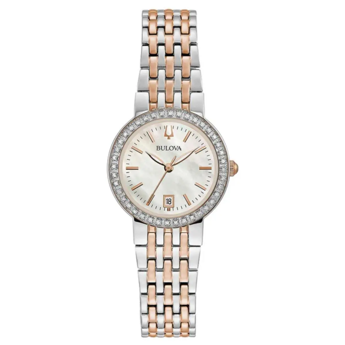 Bulova Quartz Crystal White Mop Dial Ladies Watch 98R280