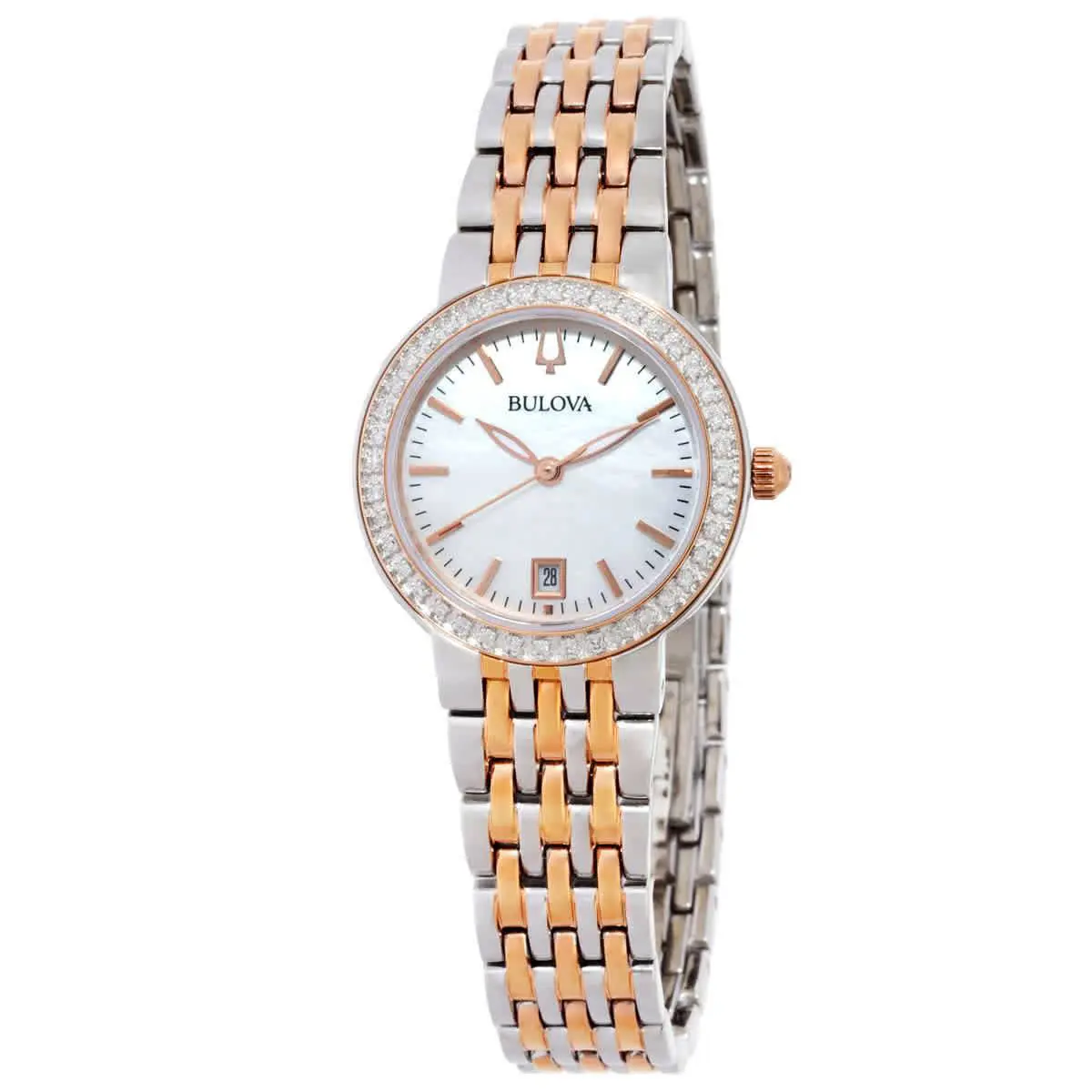 Bulova Quartz Crystal White Mop Dial Ladies Watch 98R280 - Dial: White Mother of Pearl, Band: Two-tone (Silver-tone and Rose Gold-tone), Bezel: Silver-tone