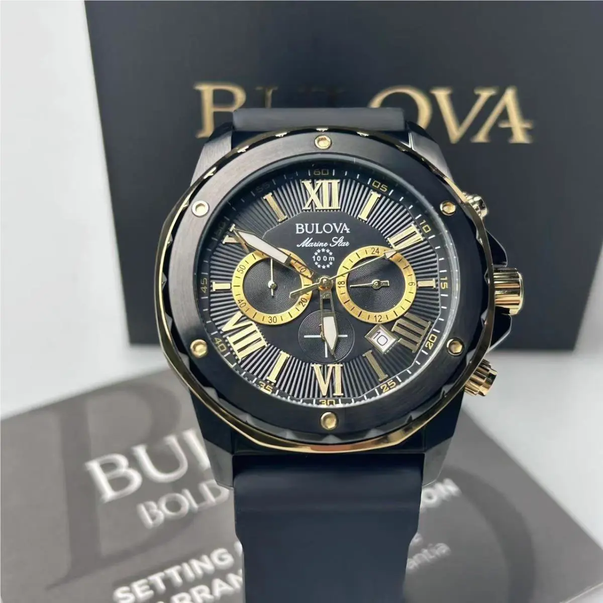 Bulova Marine Star Men`s Quartz Watch Gold/black Dial Rubber Strap 44mm 98B278