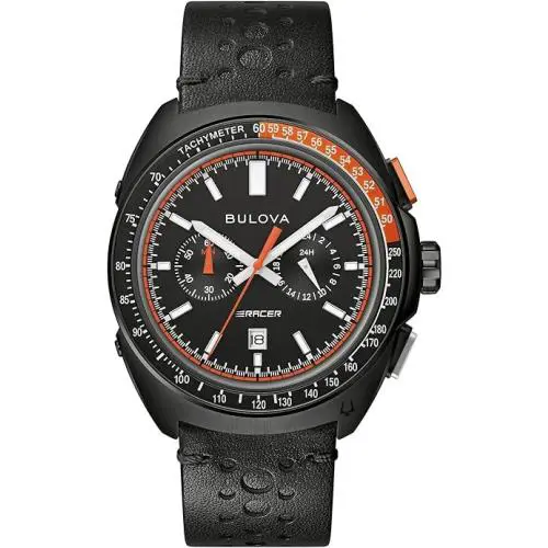 Bulova Racer Chronograph Leather Perforated Tachymeter Mens Watch 98B428 - Hand: Silver, Strap: Black