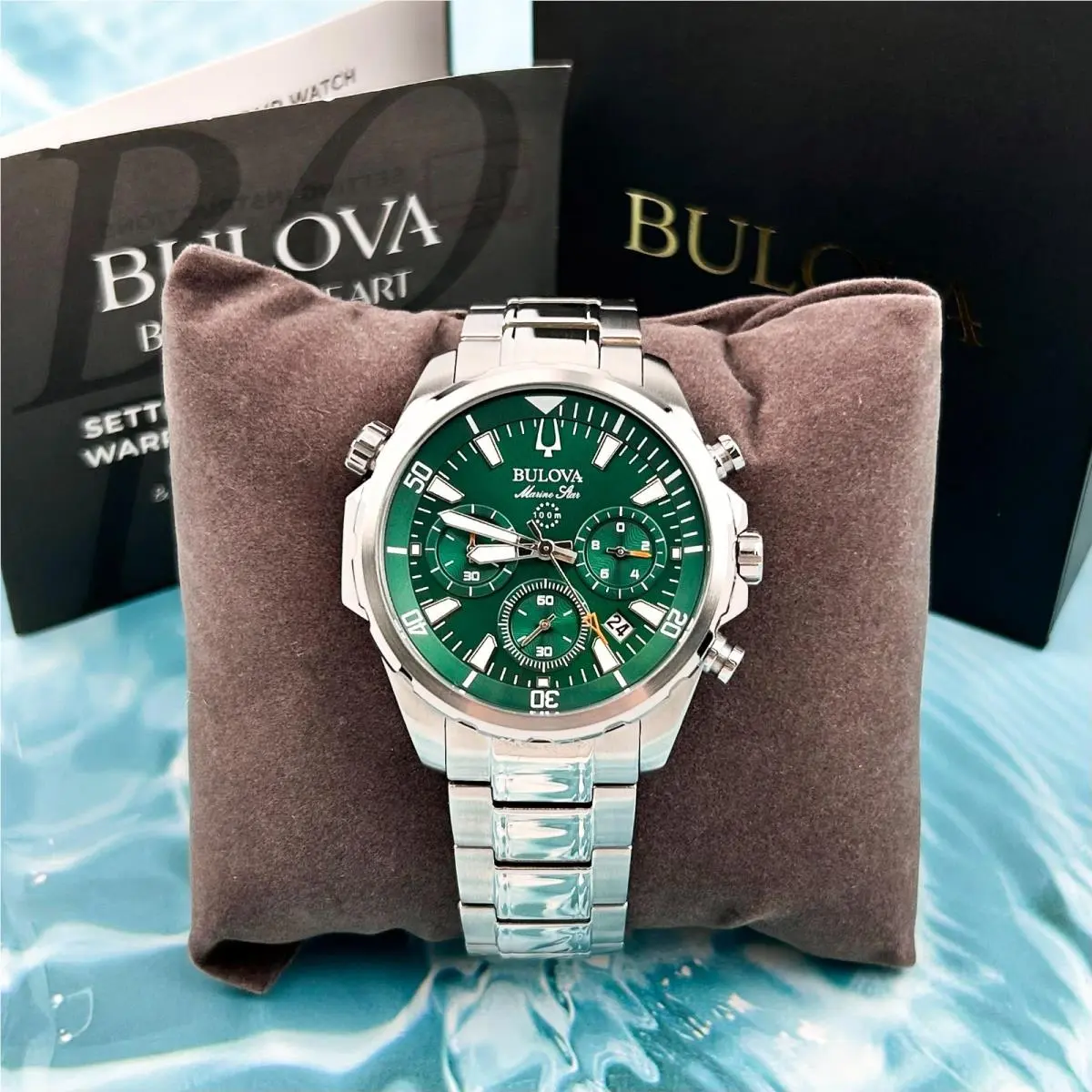 Bulova Marine Star 96B396 Green Dial Chronograph Men`s Classic Quartz Watch 43MM