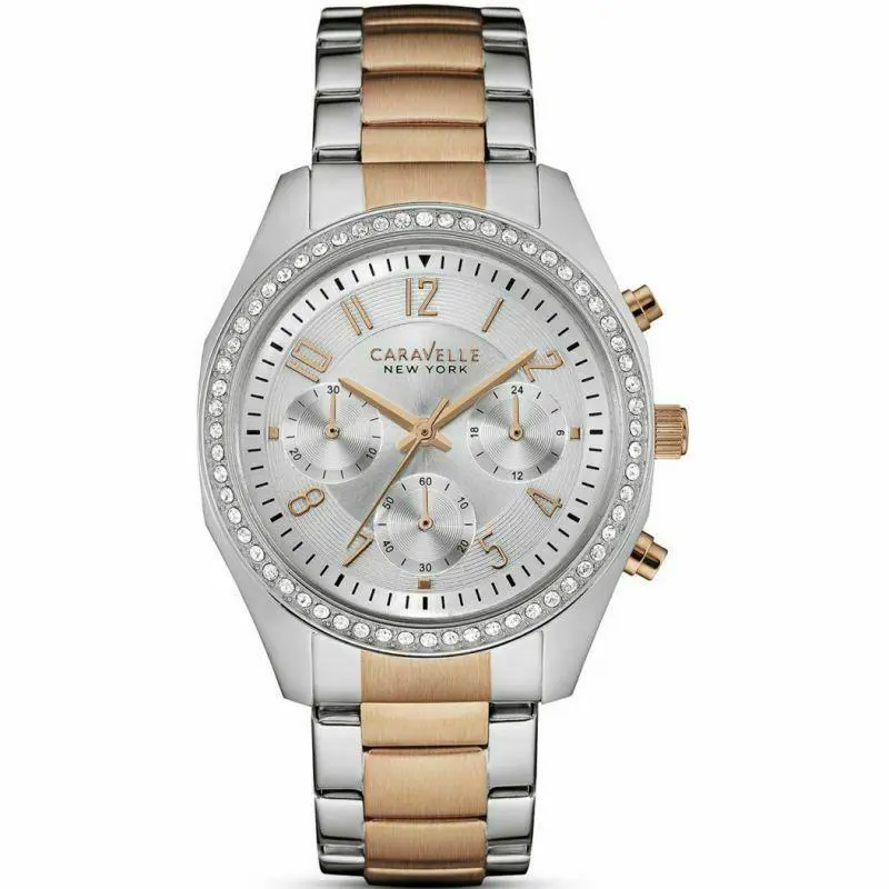 Bulova Caravelle Women`s Crystal Chronograph Two-tone Watch 45L148 - Dial: White, Band: Two-Tone, Silver & Rose Gold, Multicolor, Bezel: Crystal Bezel