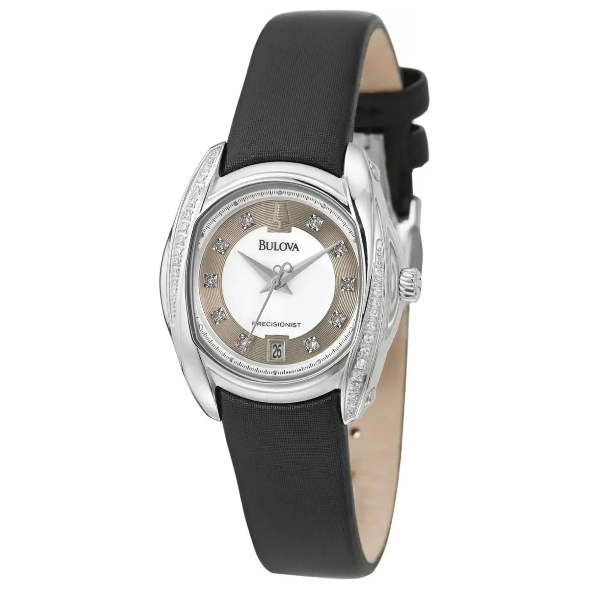 Bulova 96R140 Precisionist Diamond Mother-of-pearl Dial Leather Ladies Watch - Dial: Mother-of-pearl, Band: Black, Bezel: Silver