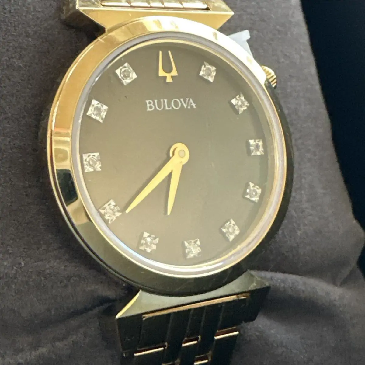 Bulova Regatta Quartz Diamond Black Mop Dial Ladies Watch 97P173 - Dial: Black Mother of Pearl, Band: Gold-tone, Bezel: Gold-tone