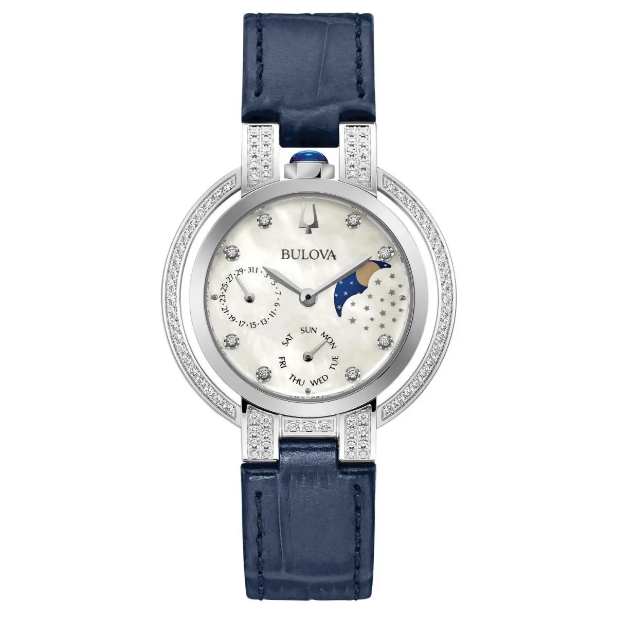 Bulova 96R237 Rubaiyat 78 Diamonds 0.36 Ctw Moon Phase Ladies Watch 550 - Dial: Mother-of-pearl, Band: Navy Blue