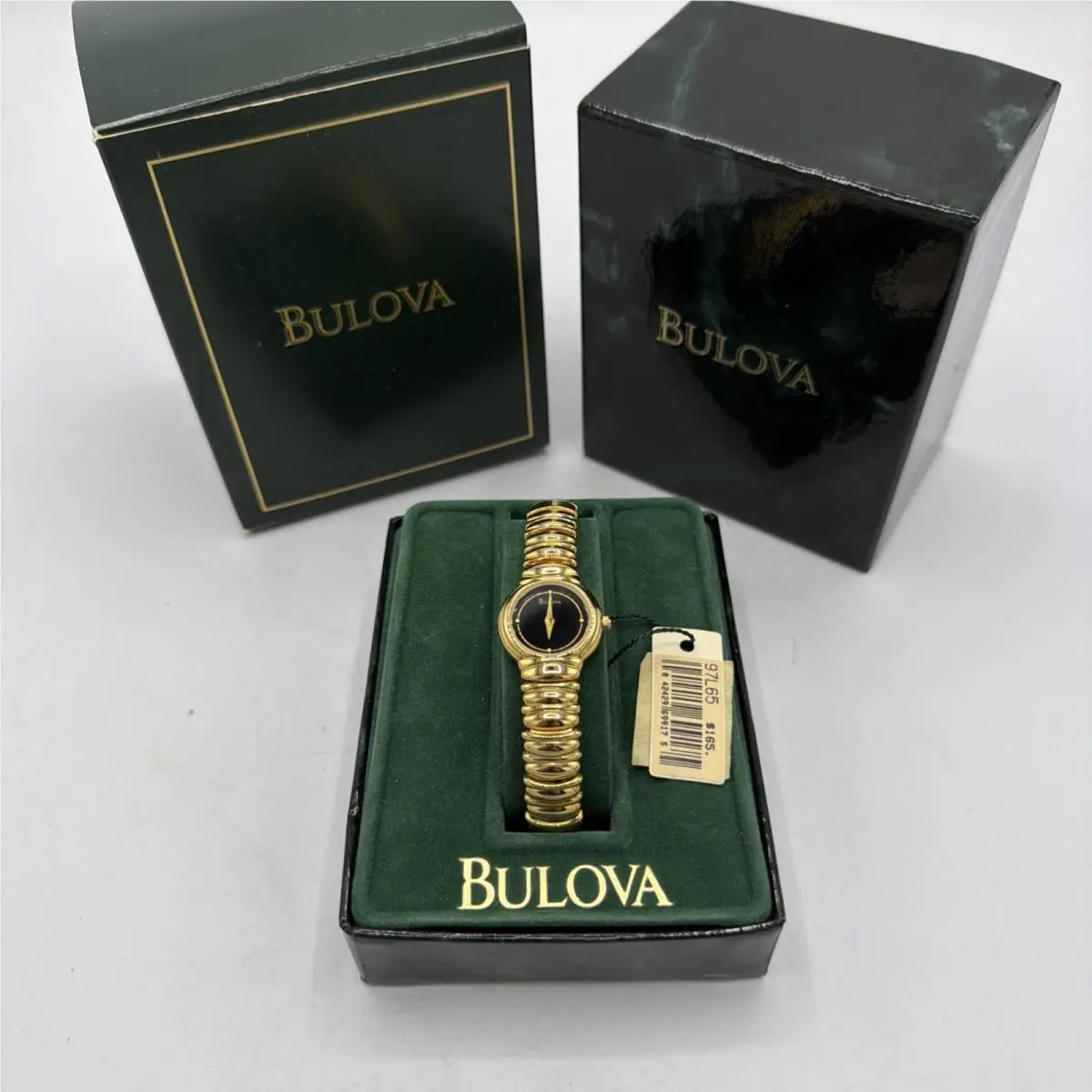 Nos Bulova 97L65 Womens Quartz Watch Gold Tone Black Dial 90s Japan Box