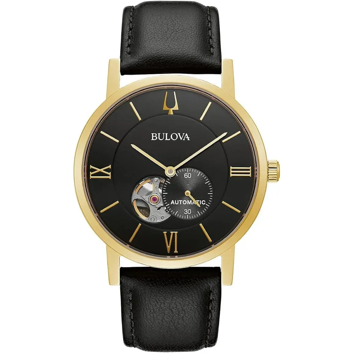 Bulova 97A154 Automatic 21 Jewel Open Aperture Dial Leather Band Men`s Watch