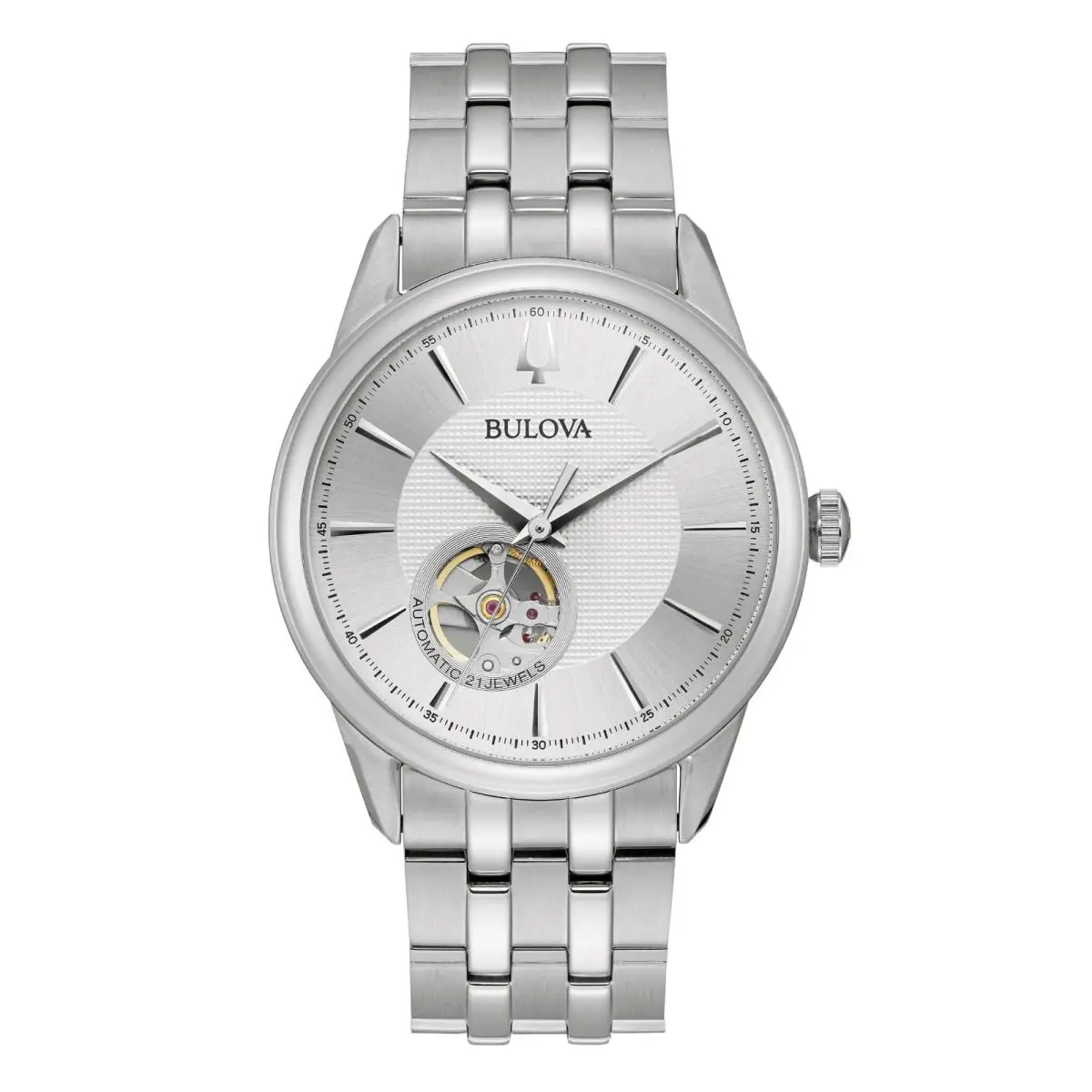 Bulova 96A243 Classic Silver Dial Automatic 21 Jewels Stainless Men`s Watch - Dial: Silver, Band: Silver, Bezel: Silver