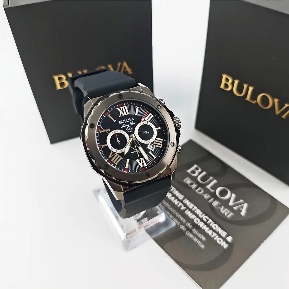 Men`s Marine Star Black Dial and Strap 98B259 Quartz Watch 44mm by Bulova