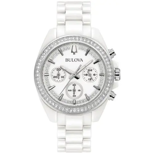 Bulova 98L281 Chronograph White Ceramic Bracelet Crystal Accented Women`s Watch