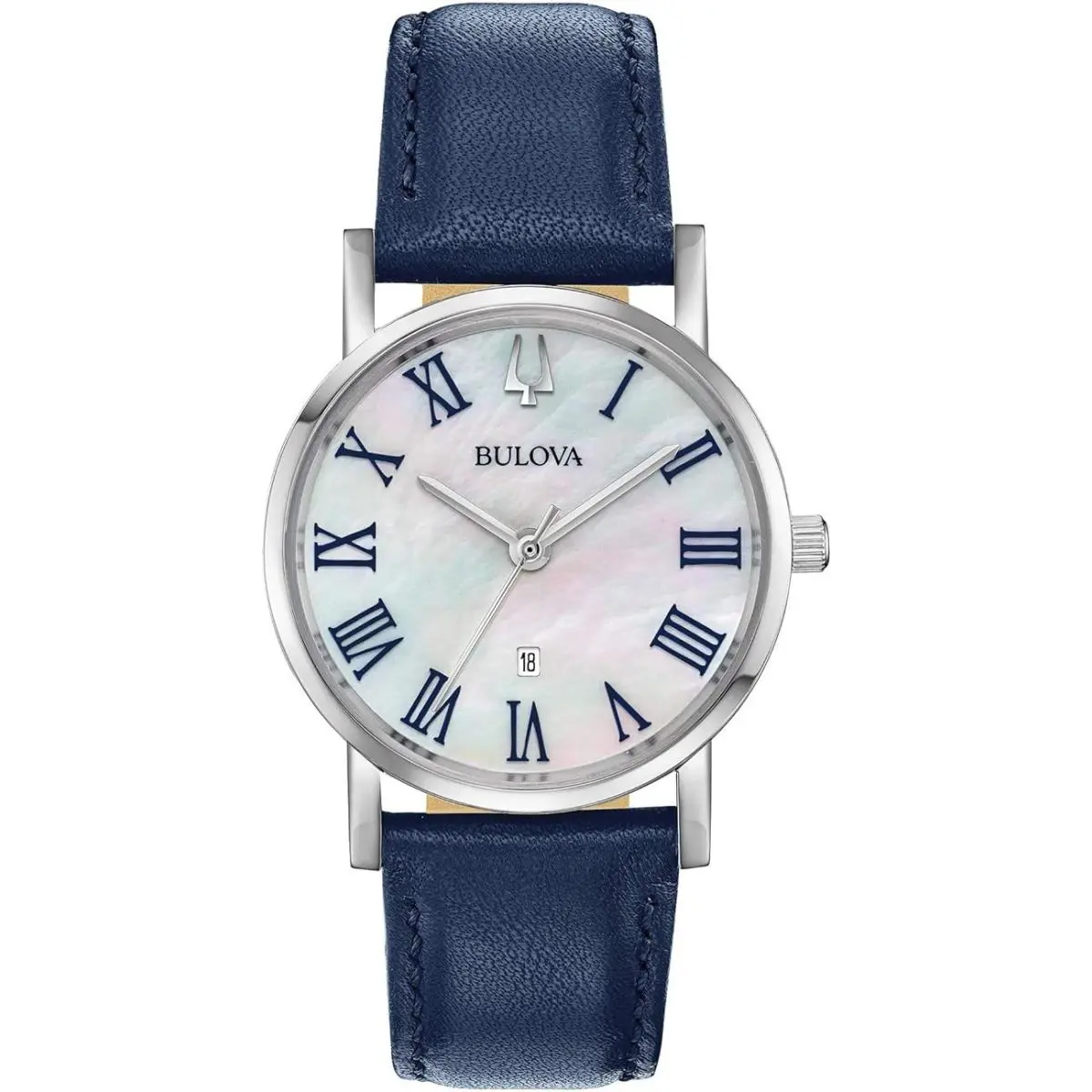 Bulova 96M146 Blue Leather Strap Mother-of-pearl Dial Date Women`s Classic Watch - Dial: Mother-of-pearl, Band: Blue, Bezel: Silver