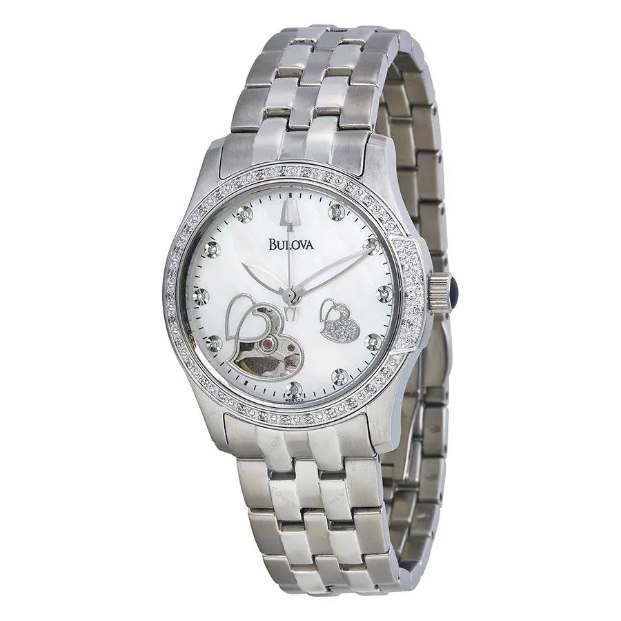 Bulova 96R122 Skeleton Automatic Mother of Pearl Heart Dial Diamond Watch