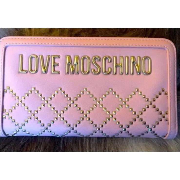 Love Moschino Pink /gold Studded Leather Zip Around Wallet 9 By 4.5