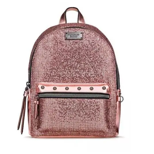 Victorias Secret Metallic Bling Chain Small City Backpack Sexy Rose Gold Bag