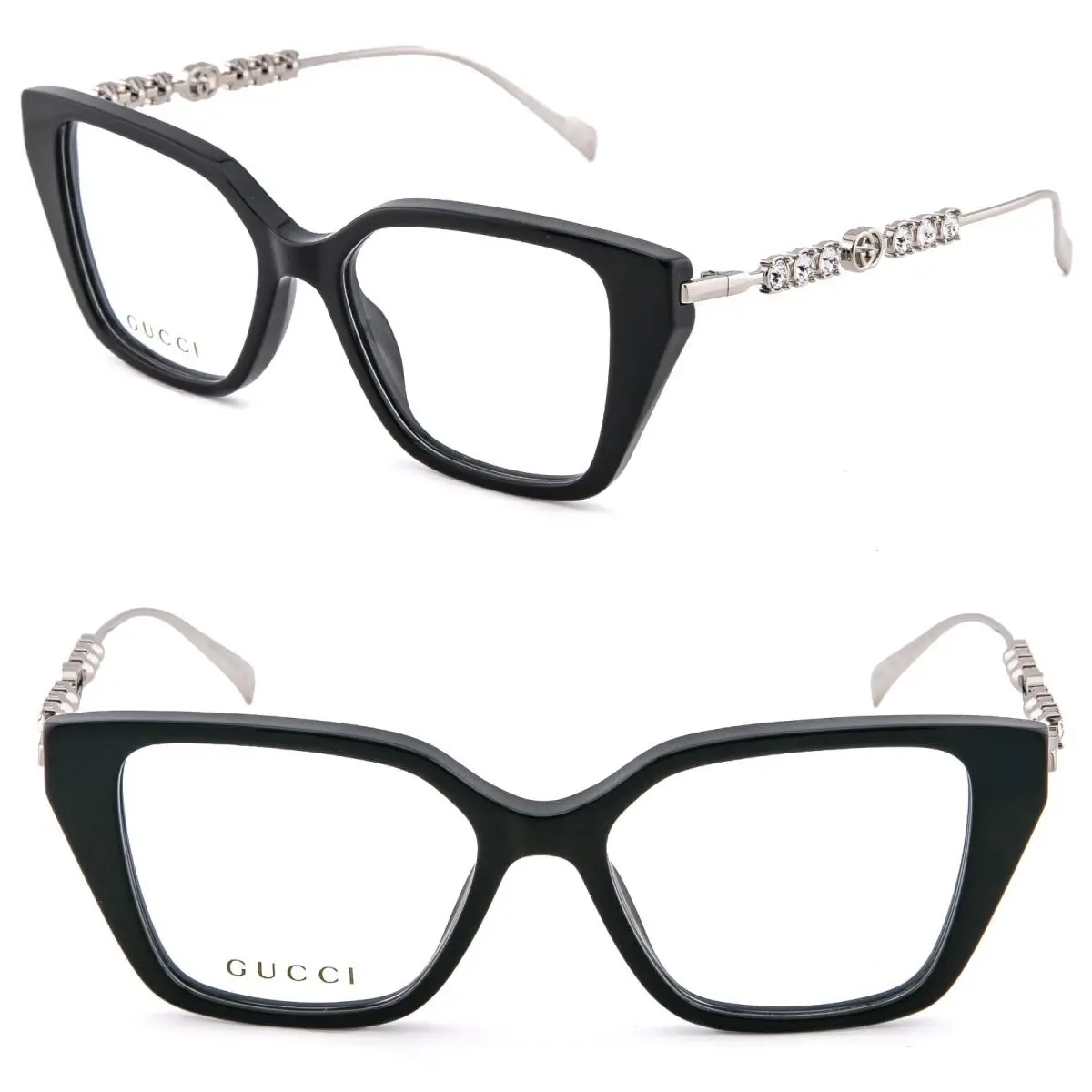 Gucci GG1969O 1969 Silver Black Crystal Metal Logo Eyeglasses Optical Frame 002 - Frame: Silver