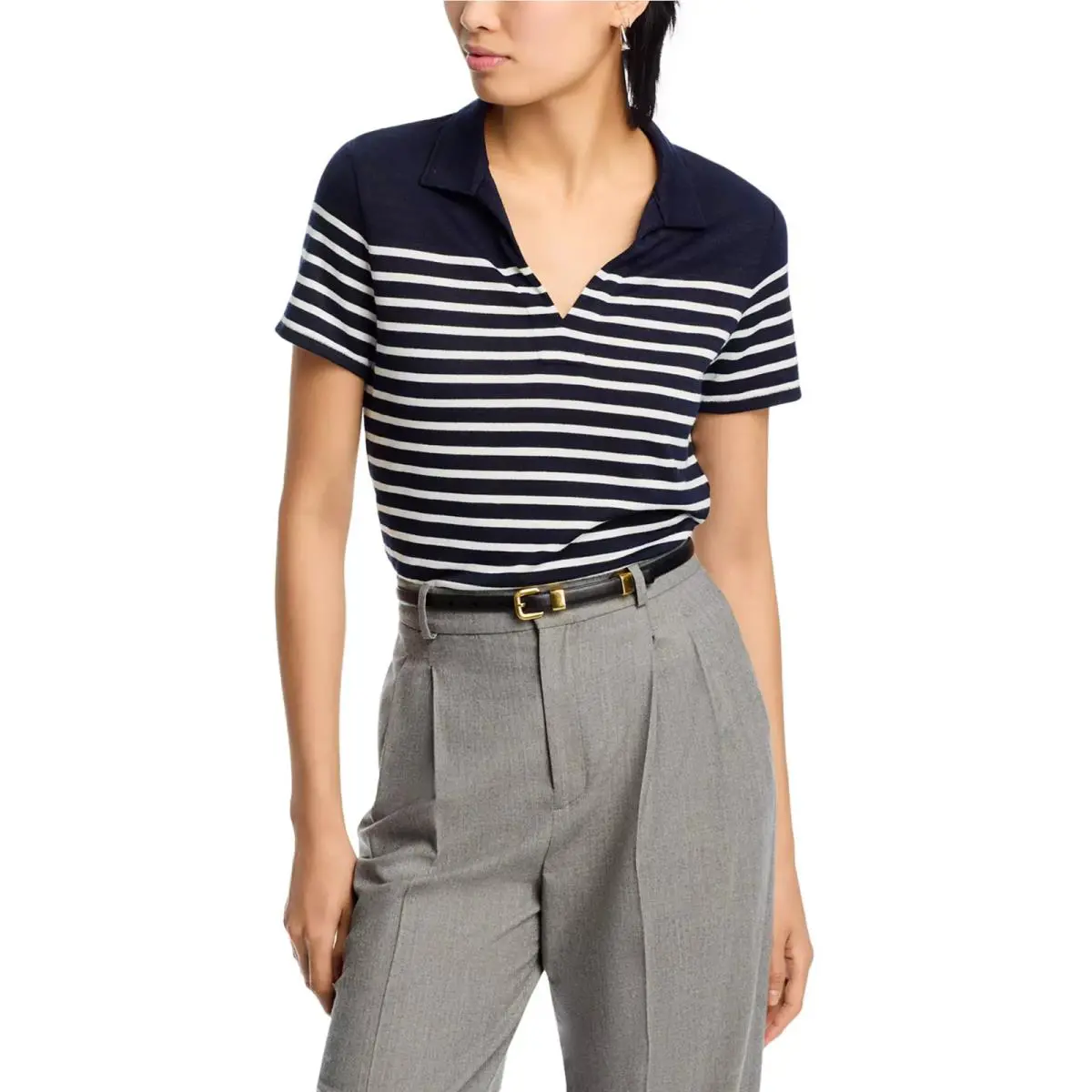 Rag Bone The Knit Stripe Polo Top Women`s XS Navy/ivory Short Sleeve Pullover