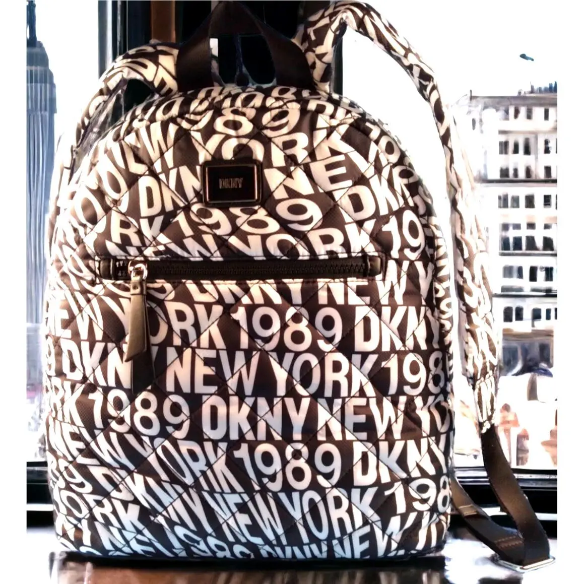 Back To School Dkny Womens Lyla Quilted Black White Softshell Zip Backpack