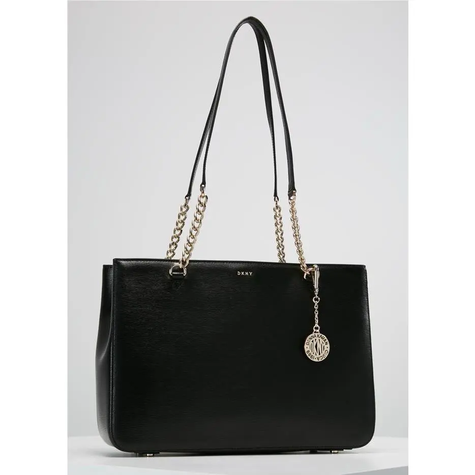 Dkny Bryant Park Black Coated Leather Medium Shopper Chain Tote W/charm Rare