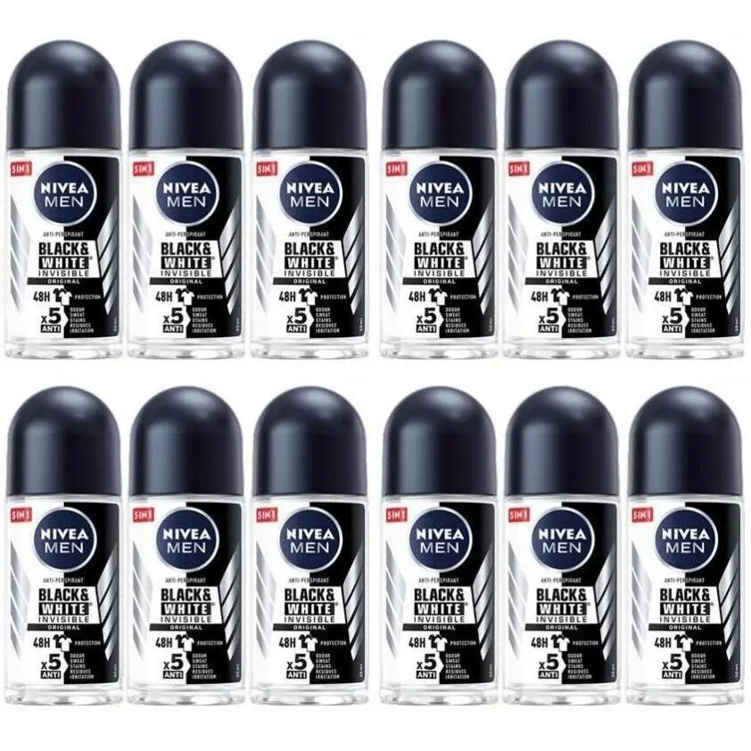 12 x Nivea For Men Invisible For Black White 48 Hours Deodorant Roll on 50 Ml