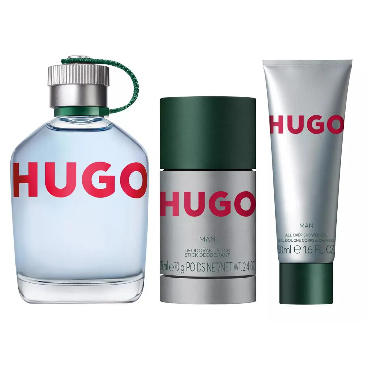 Hugo Green For Men 3PC Set: 4.2 oz Edt Spray + 1.6 oz S/gel + 2.4 oz Deo Stick