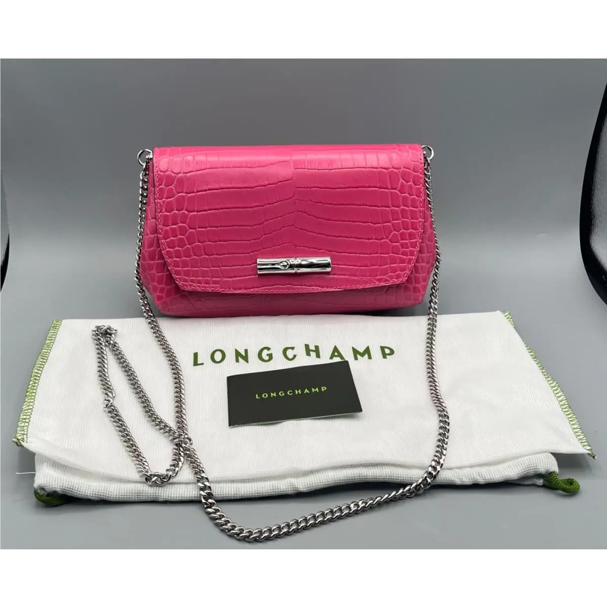 Longchamp Roseau Fuchsia Pink Croc Leather Crossbody Crocodile Bag