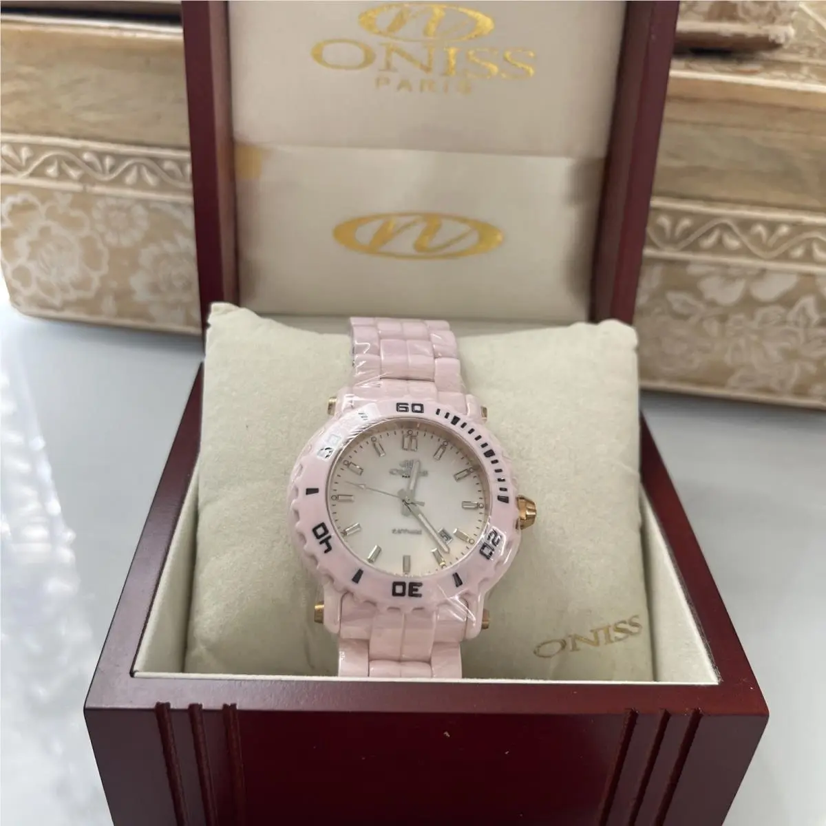 Oniss Paris Oversized HI Tech Pink Ceramic White Dial Swiss Watch