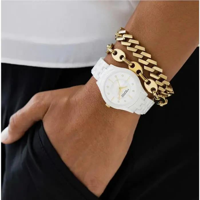 Anne Klein York 12/7740WTST White Ceramic Watch Gold Tone Bracelet Set
