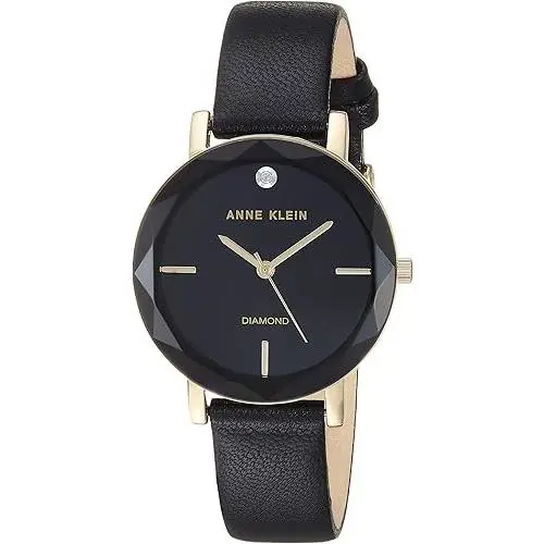 Anne Klein Diamond Dial Gold-tone and Black Leather Strap Ladies Watch
