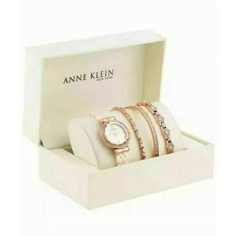 Anne Klein 12/2316BHST Crystal Pink Ceramic Watch Band Rose Gold Bangle Set