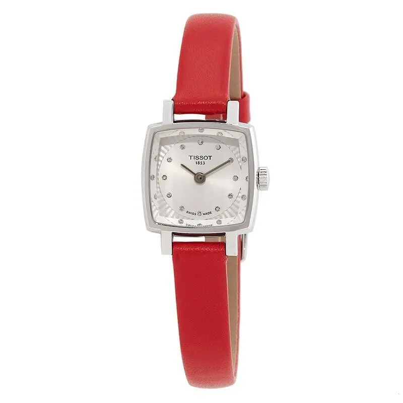Tissot Ladies Lovely Square Diamond Sapphire Quartz Watch - T0581091603600 - Dial: Silver, Band: Red, Bezel: Silver