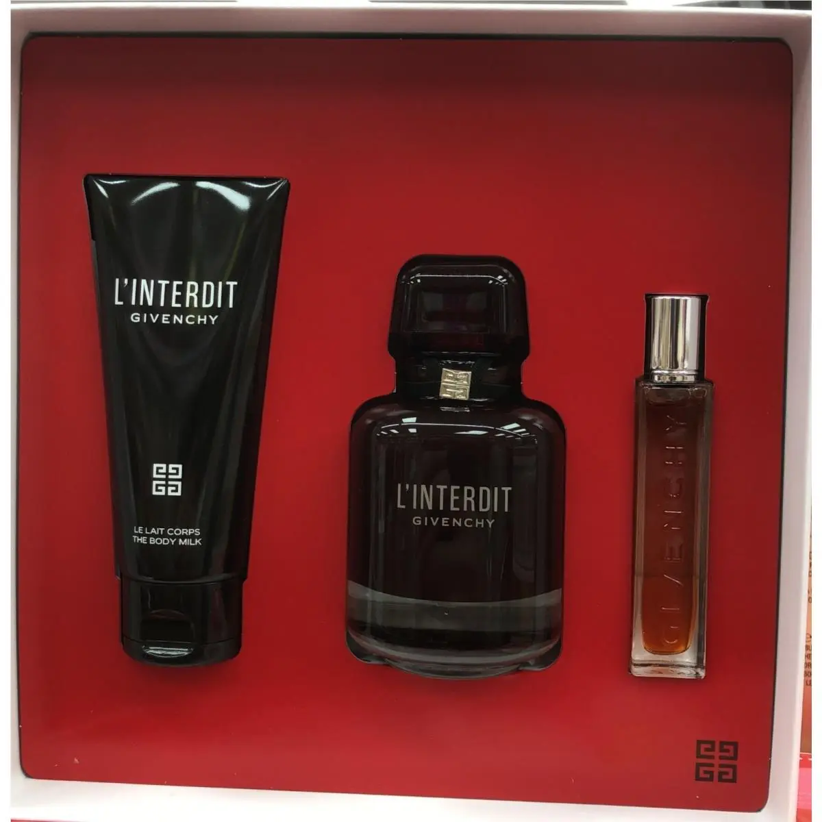 L`interdit Rouge by Givenchy 3 PC Gift Set with 2.7 + 0.42 oz Edp and 2.5 BL