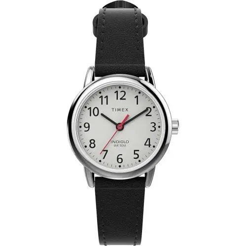 Timex TW2V75300 Easy Reader Women`s Watch Indiglo Black Silver-tone 25 mm - Dial: White, Band: Black