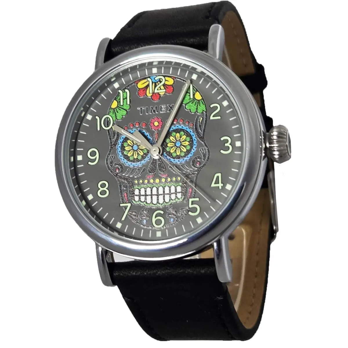 Timex TW2V67500 Dia de Los Muertos Men`s Analog Round Watch Black Leather Strap