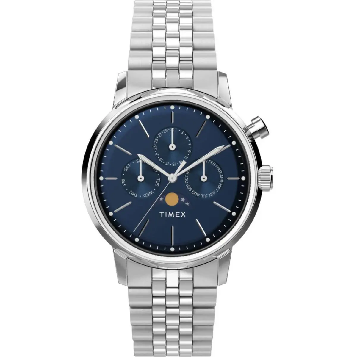 Timex Men`s Watch Marlin Moon Phase Blue Dial Silver Steel Bracelet TW2W51300JR - Dial: Blue, Band: Silver