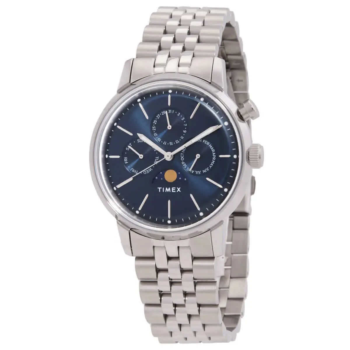 Timex Men`s Watch Marlin Moon Phase Blue Dial Silver Steel Bracelet TW2W51300JR - Dial: Blue, Band: Silver