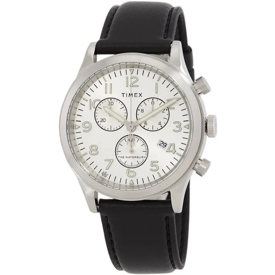 Timex Waterbury Traditional Mens Watch 42MM Case Chronograph Black Leather Strap