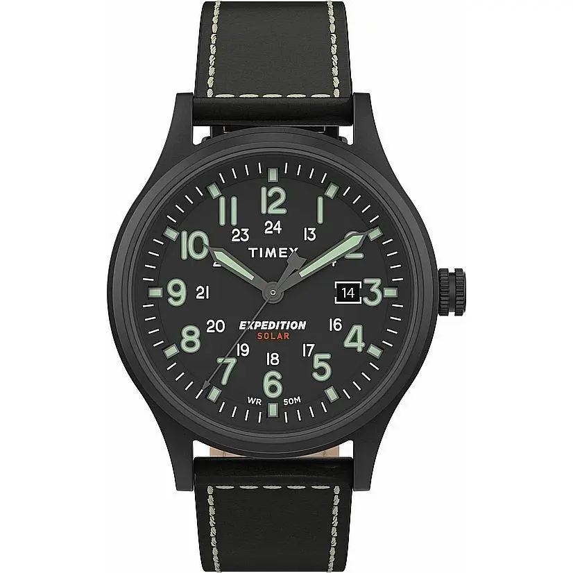 Men`s  Expedition Solar Powered Black Leather Strap Watch TW4B18500 by Timex