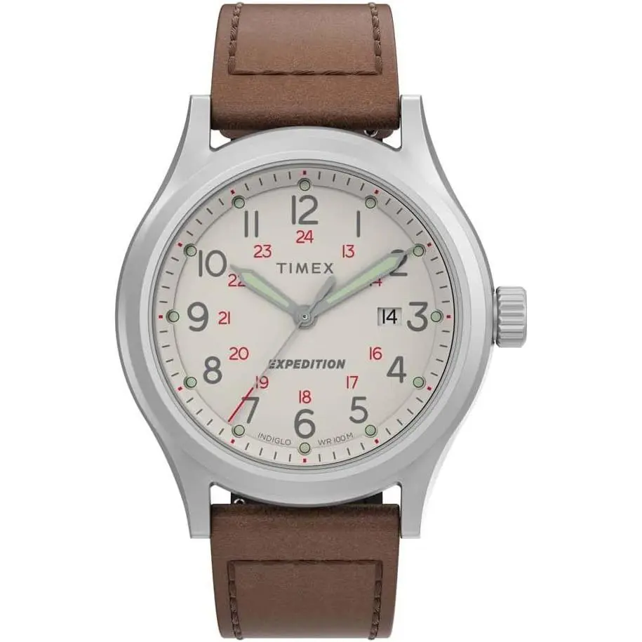 Timex TW2V07300 Men`s Expedition Indiglo Brown Band Beige Dial Analog Watch - Dial: Beige, Band: Brown, Bezel: Silver