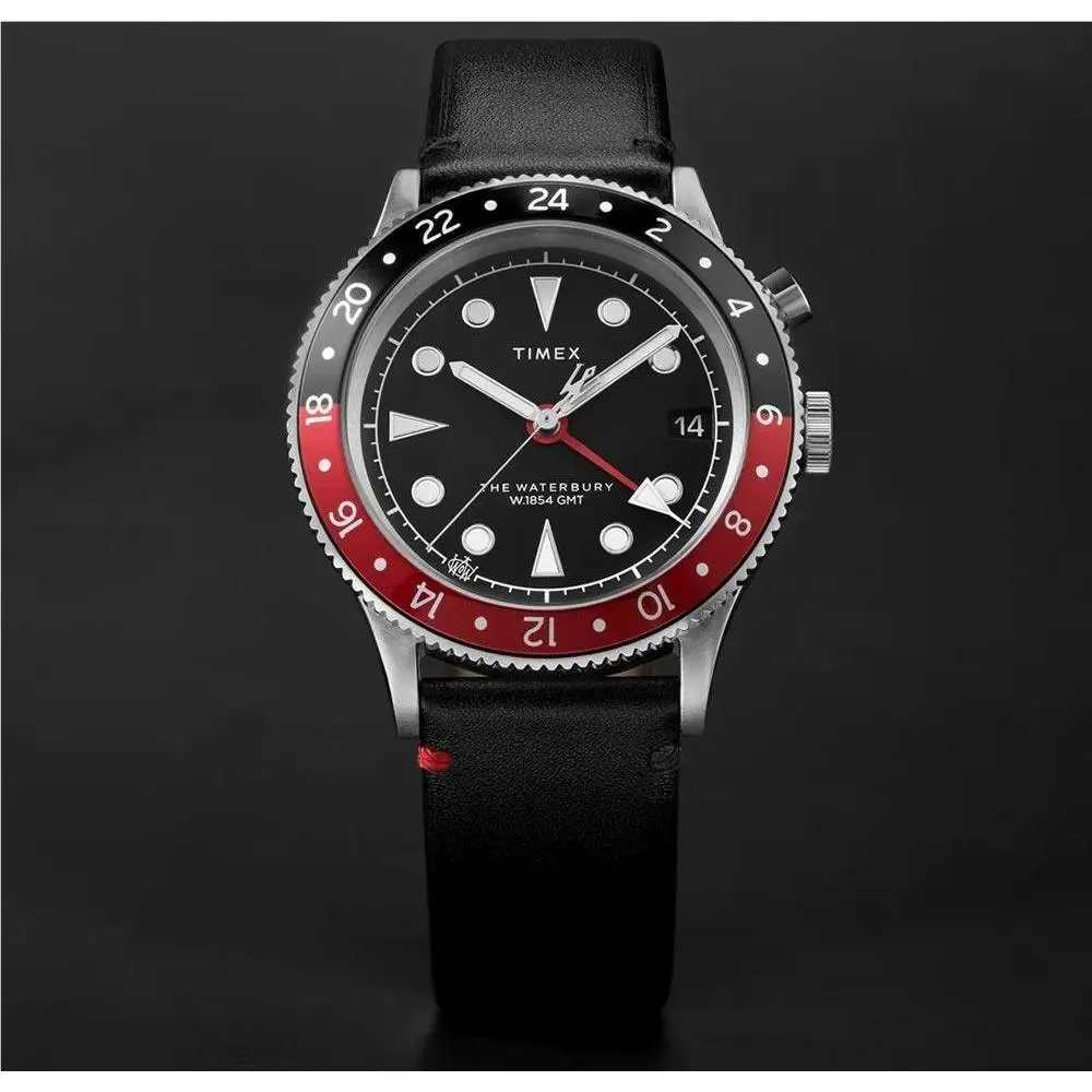 Timex Waterbury Gmt Men`s 39mm Black Dial Coke Bezel Leather Watch TW2W22800 - Dial: Black, Band: Black, Bezel: Silver-tone
