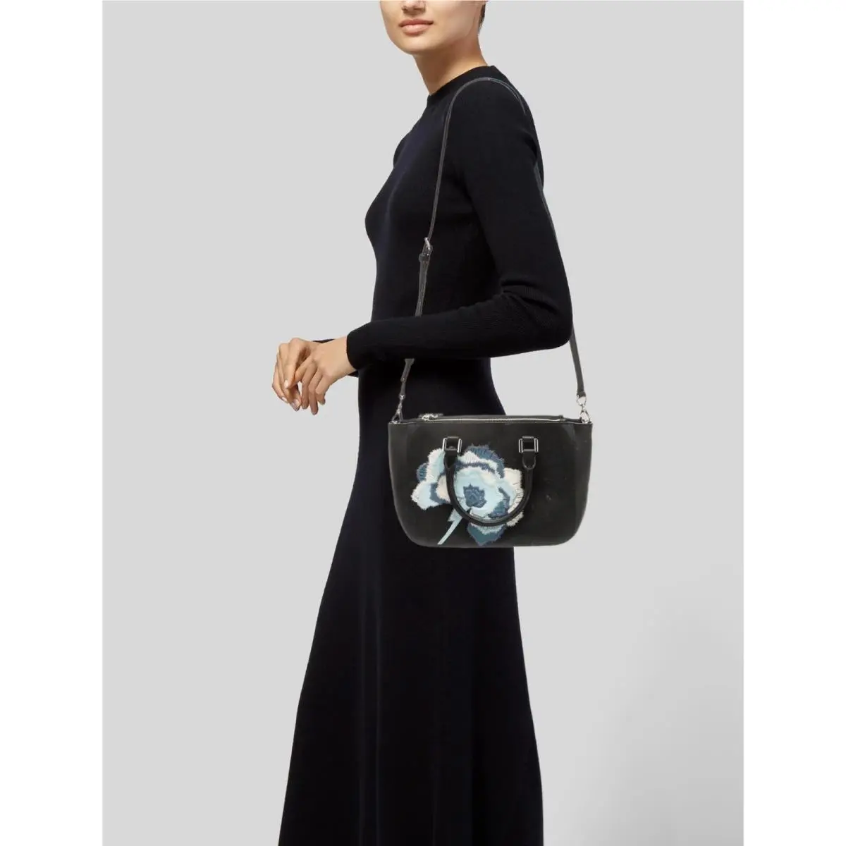 Tory Burch Robinson Floral Appliqué Tote Leather Bag Handbag Black Blue Purse NW