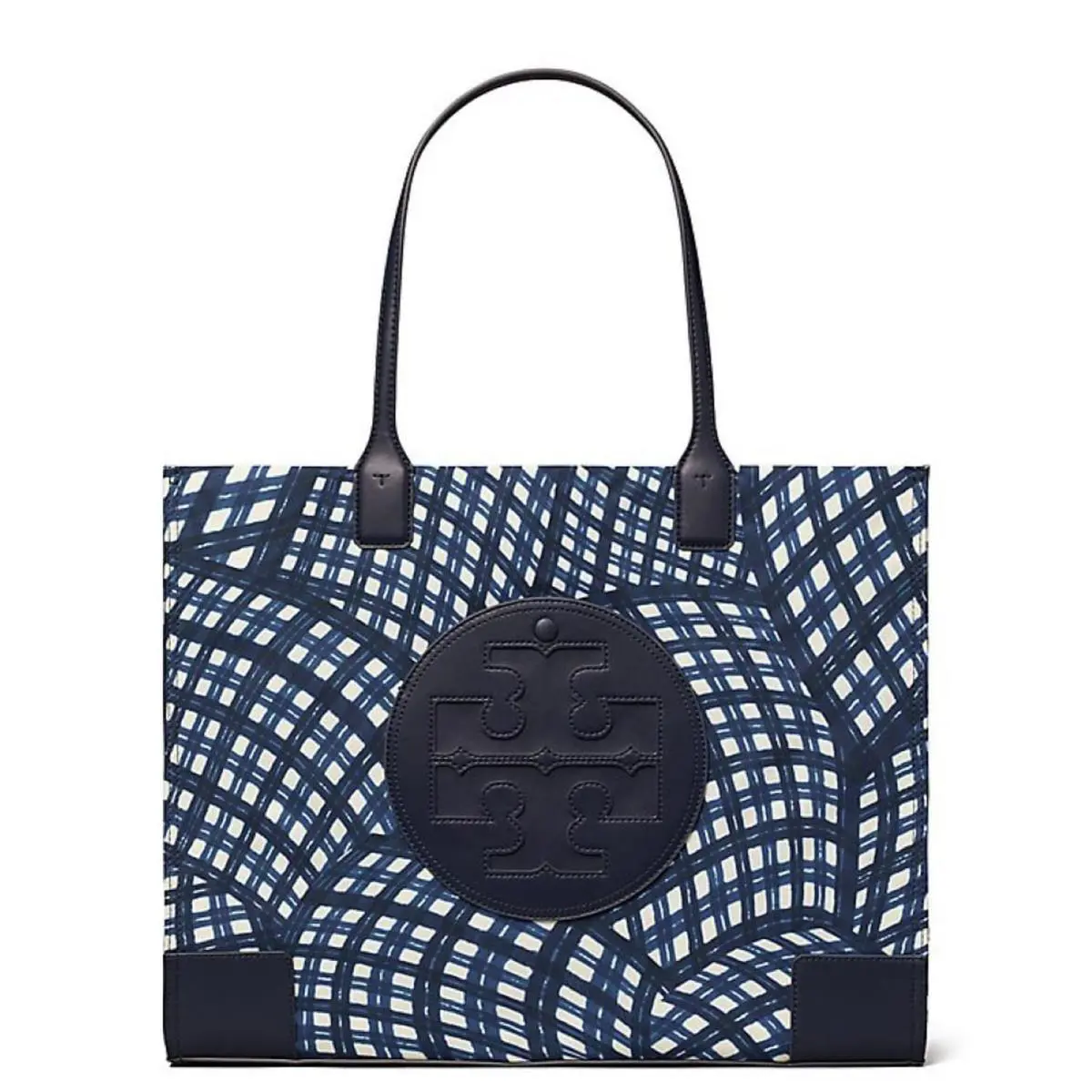 Tory Burch Ella Printed Tote Bag Handbag Navy Warped Gingham Nylon Leather