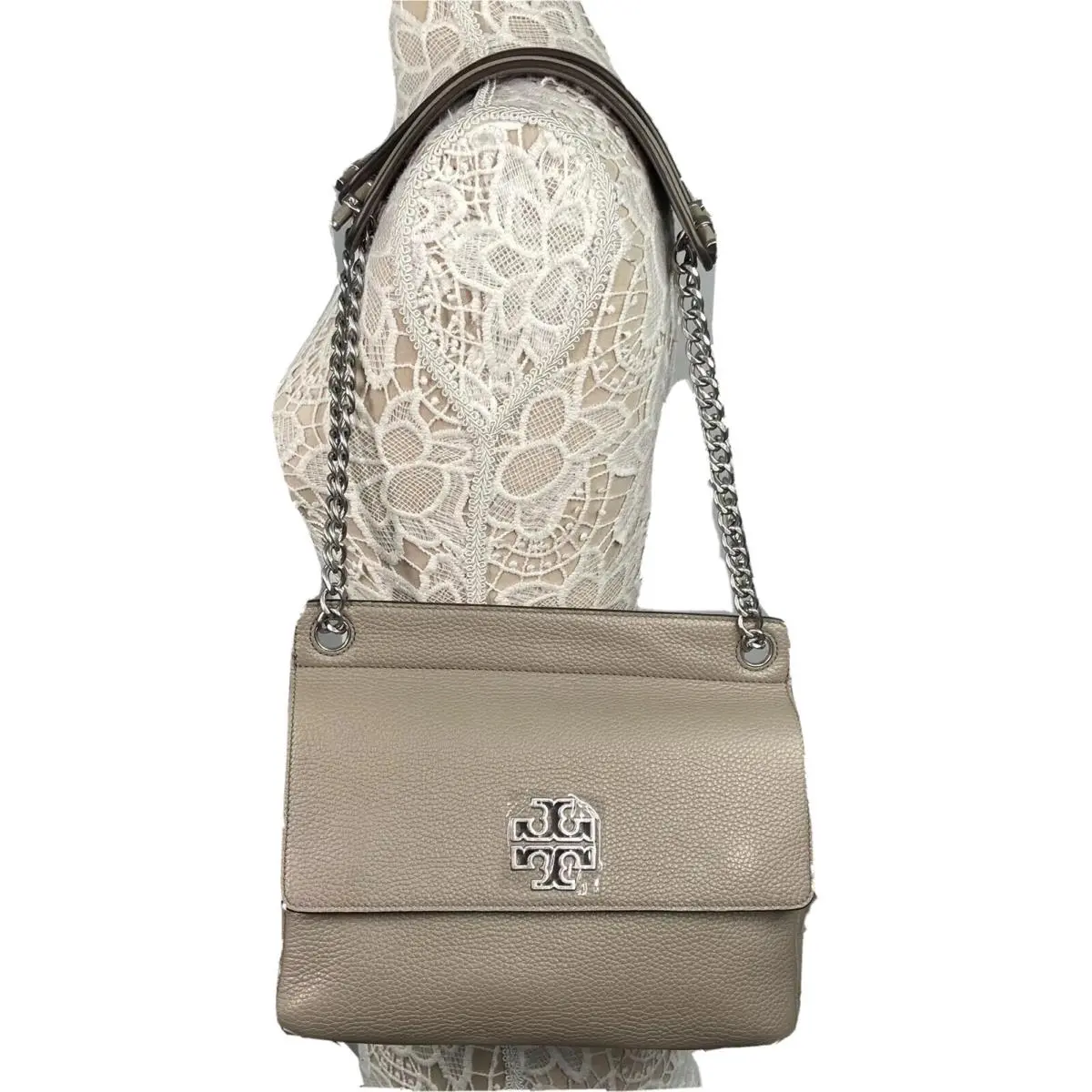 Tory Burch Britten Flap Shoulder Bag Color French Grey W10.5”xH8”xD3.75”
