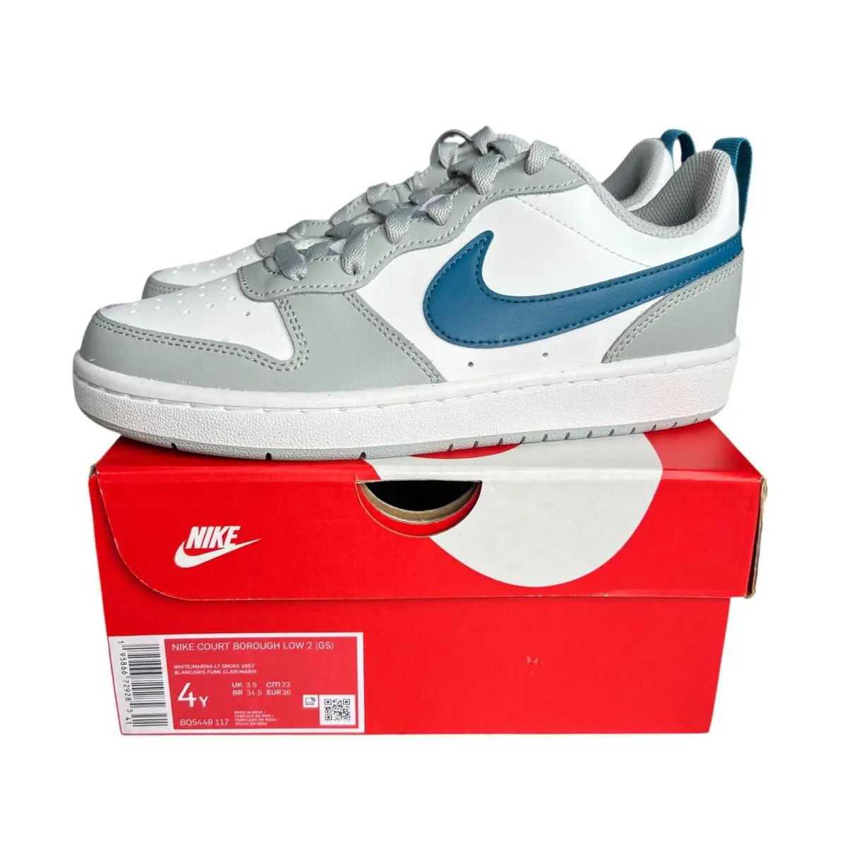 Nike Court Borough Low 2 GS Size 4Y Athletic Shoes White Grey Blue BQ5448-117 - White/Grey/Blue