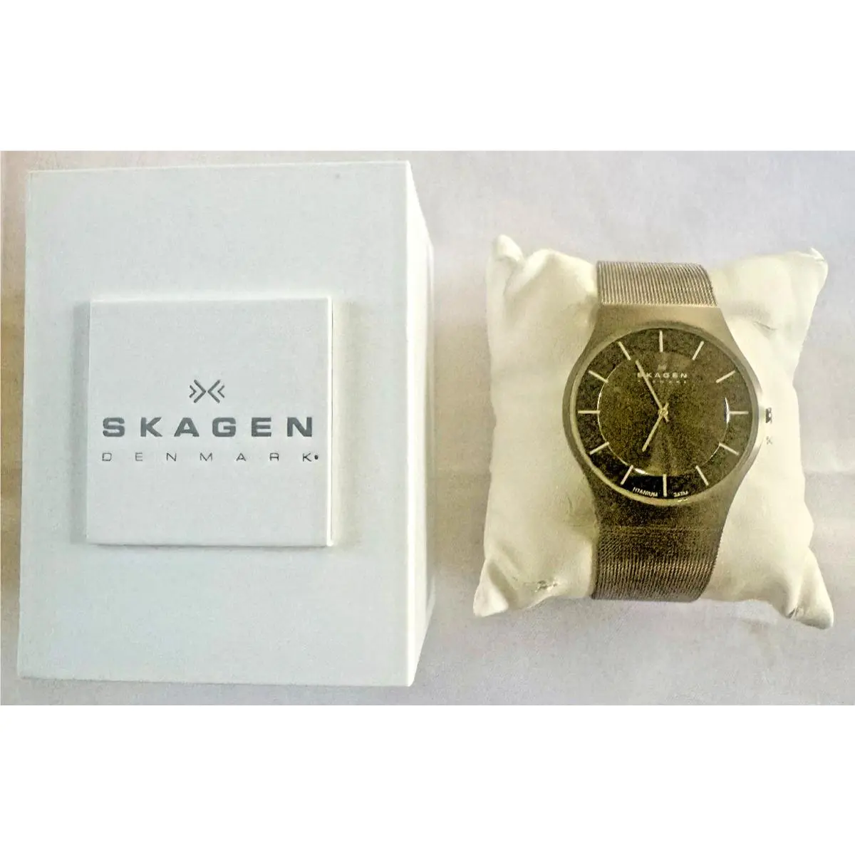 Skagen Mens Watch Silver Stainless Steel Mesh Band Water Resistant 3ATM Box