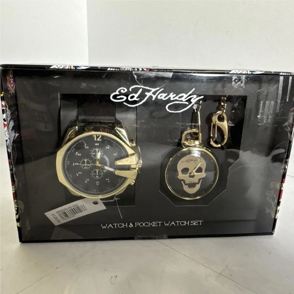 Ed Hardy Logos Men`s 2 Pc Skull Skeleton Pocket Watch Set