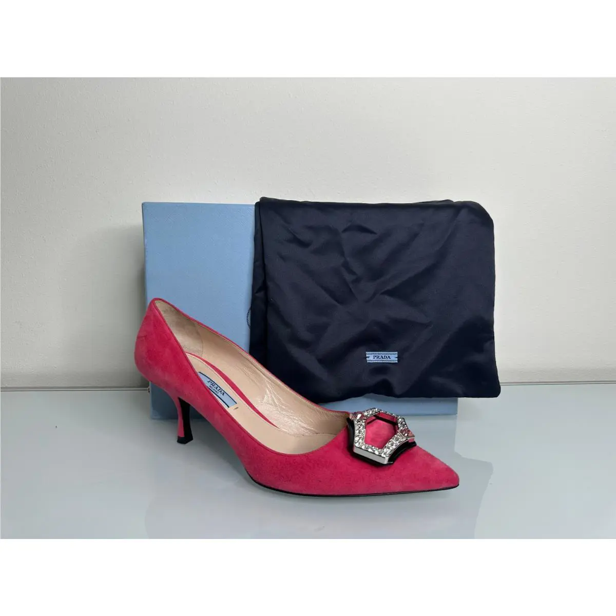 Prada Crystal Brooch Pointy Toe Pump 65 Heel Shoe Pink Suede 38 - 7.5